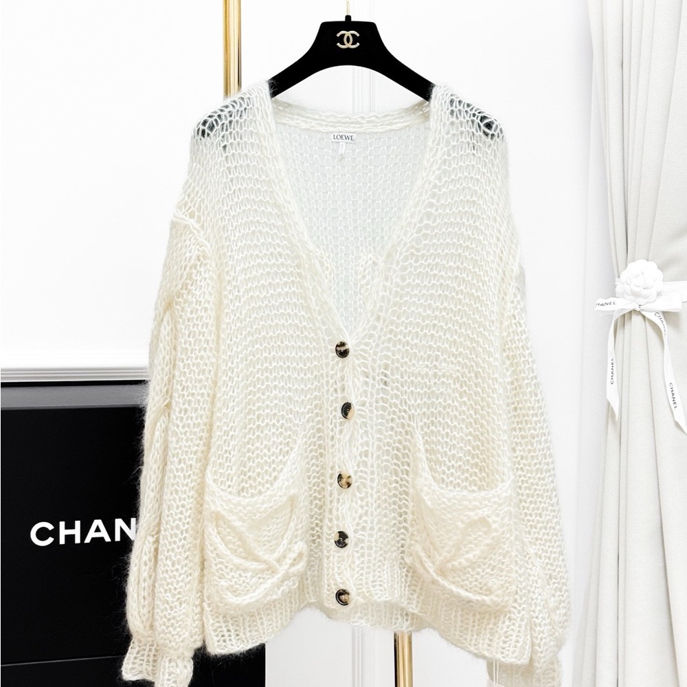 Authentic Loewe Ivory Open-Knit Button-Front Cardigan